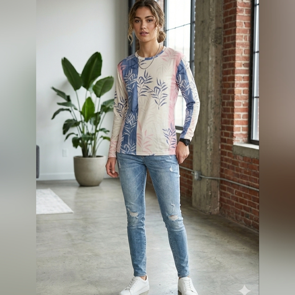Abstract Botanical Print Long Sleeve Top, Blue & Pink Floral Crew Neck Blouse XL